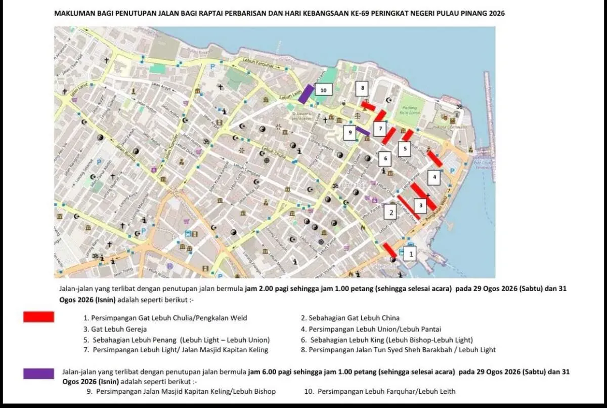 Penang road closures for National Day parade announced